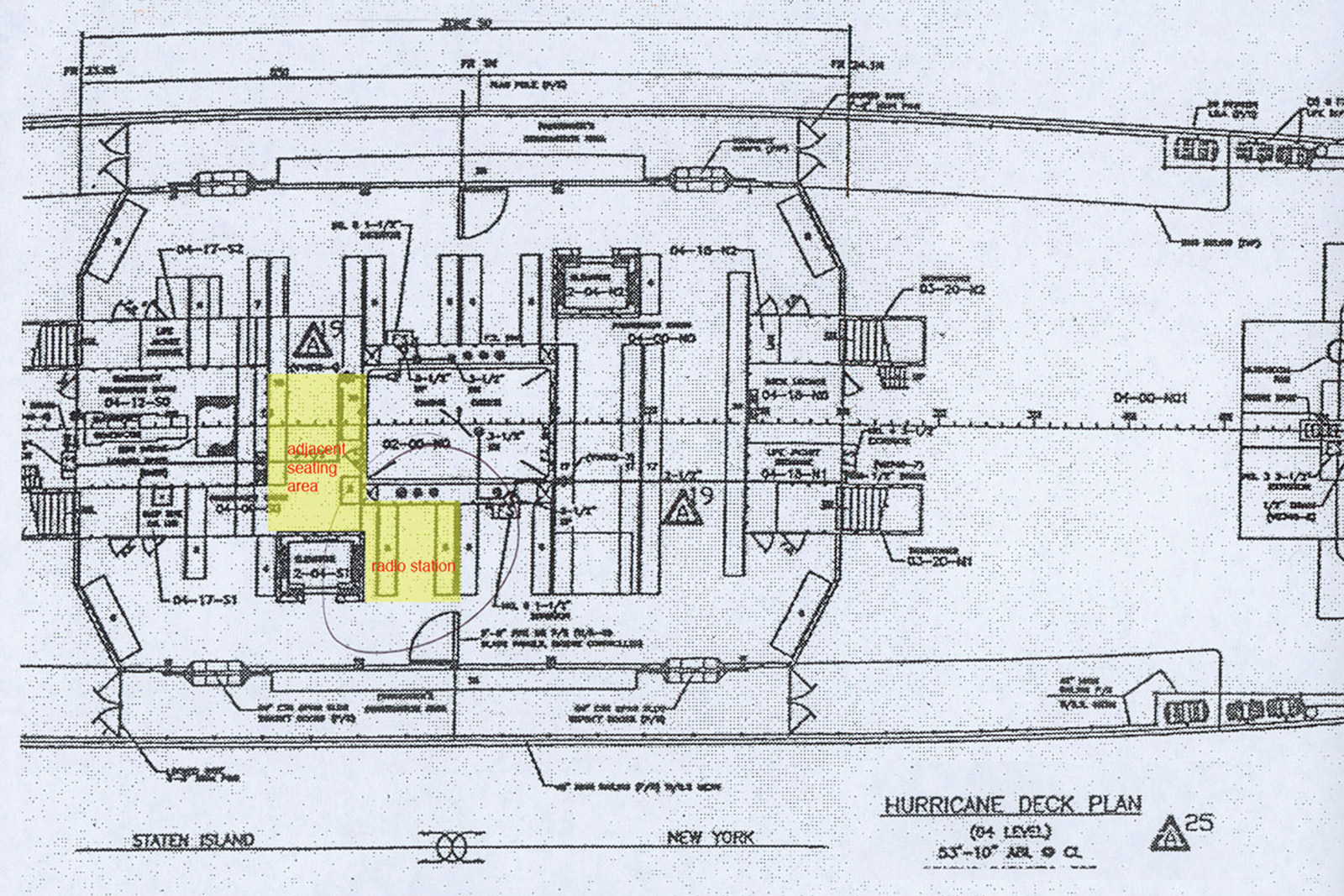 Floorplan of the hurricane deck of the Molinari class ferries. Areas marked in yellow were delegated to neuroTransmitter for radio station and performance use.