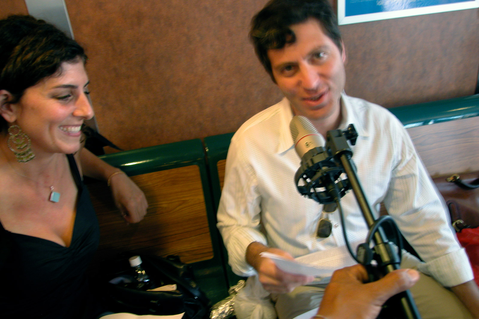 The FM Ferry Experiment studio on the Guy Molinari Staten Island Ferry. Image features (left to right) on-air guests – Emily Jacir and Jamal Rayyis.