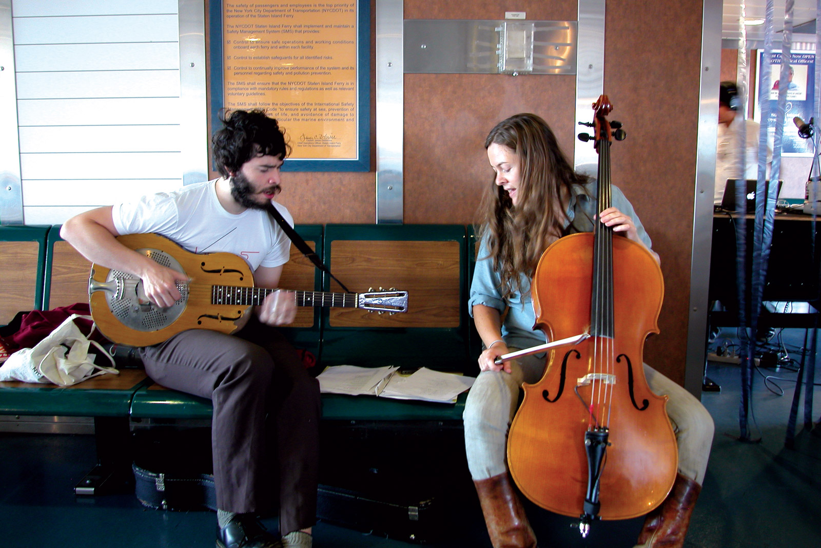 Tianna Kennedy and Zeke Healy perform a 24-minute marathon for passengers live on the Staten Island Ferry as it moves across Upper New York Bay.