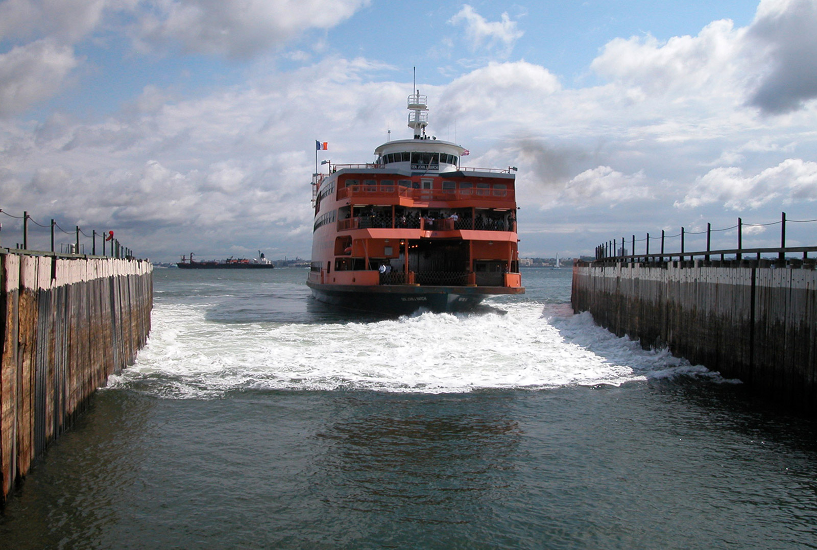 The Staten Island Ferry John J. Marchi leaving the St. George, Staten Island dock.